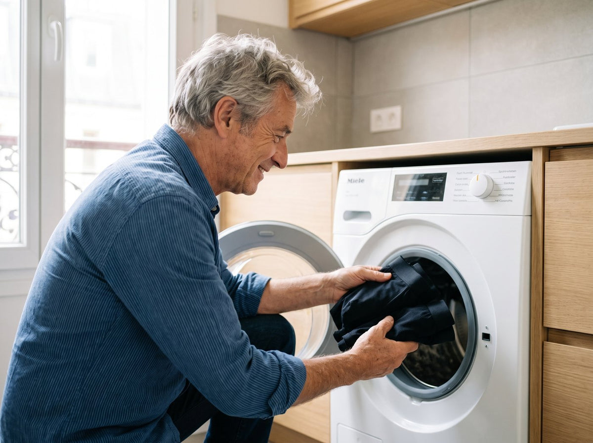 Homme senior mettant ses boxers Sécurys en machine