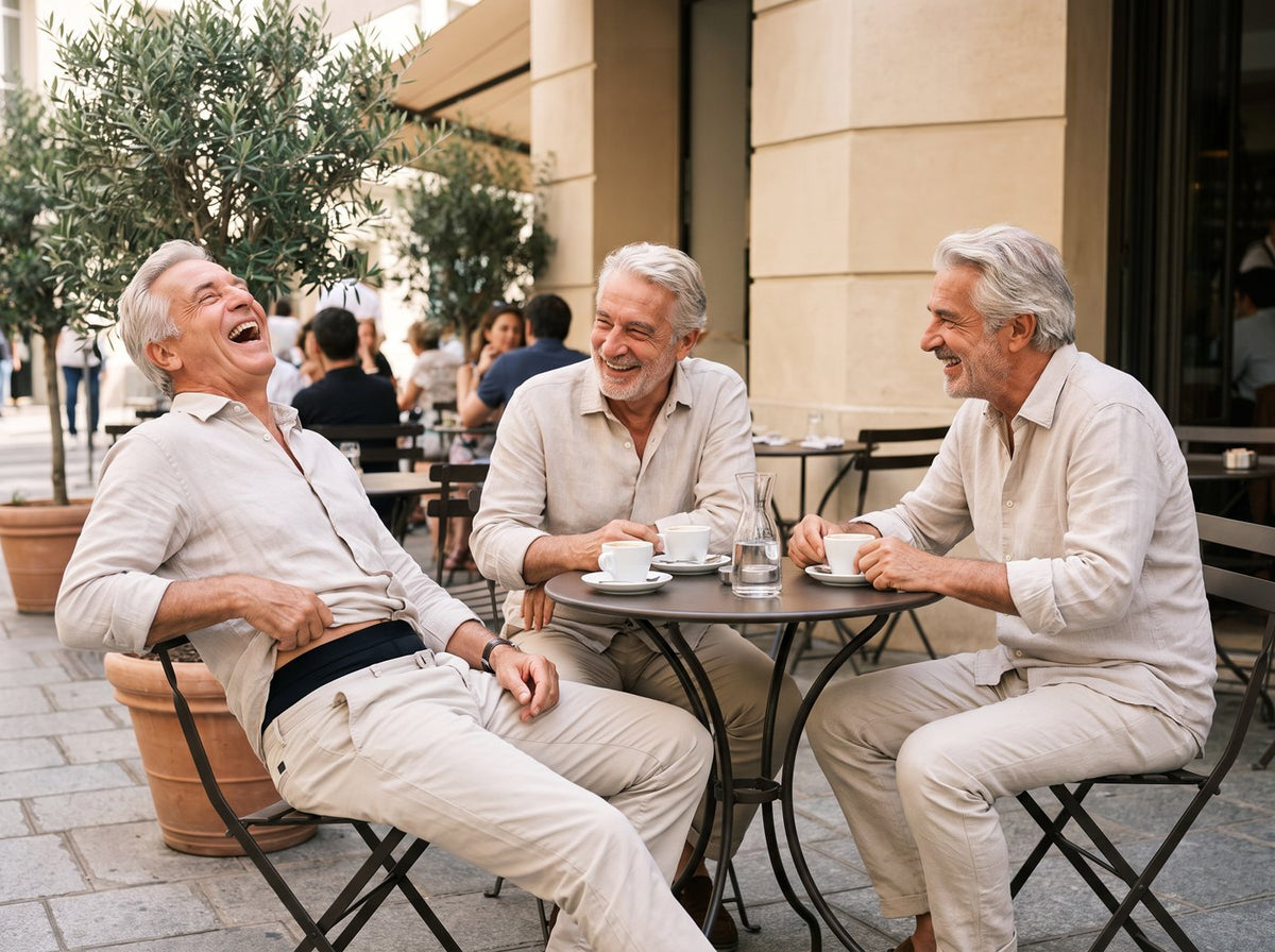 Trois hommes de 60 ans riant à une terrasse de café