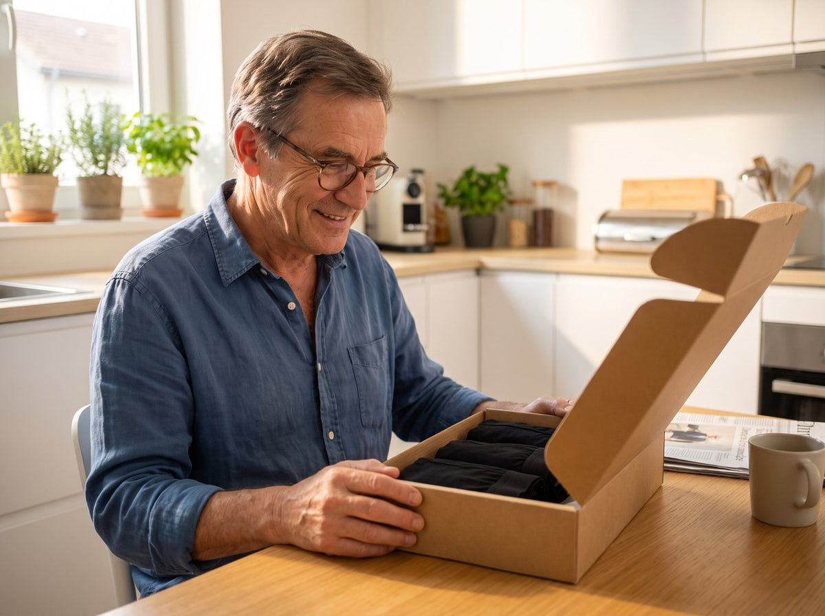 Homme senior ouvrant son colis Sécurys