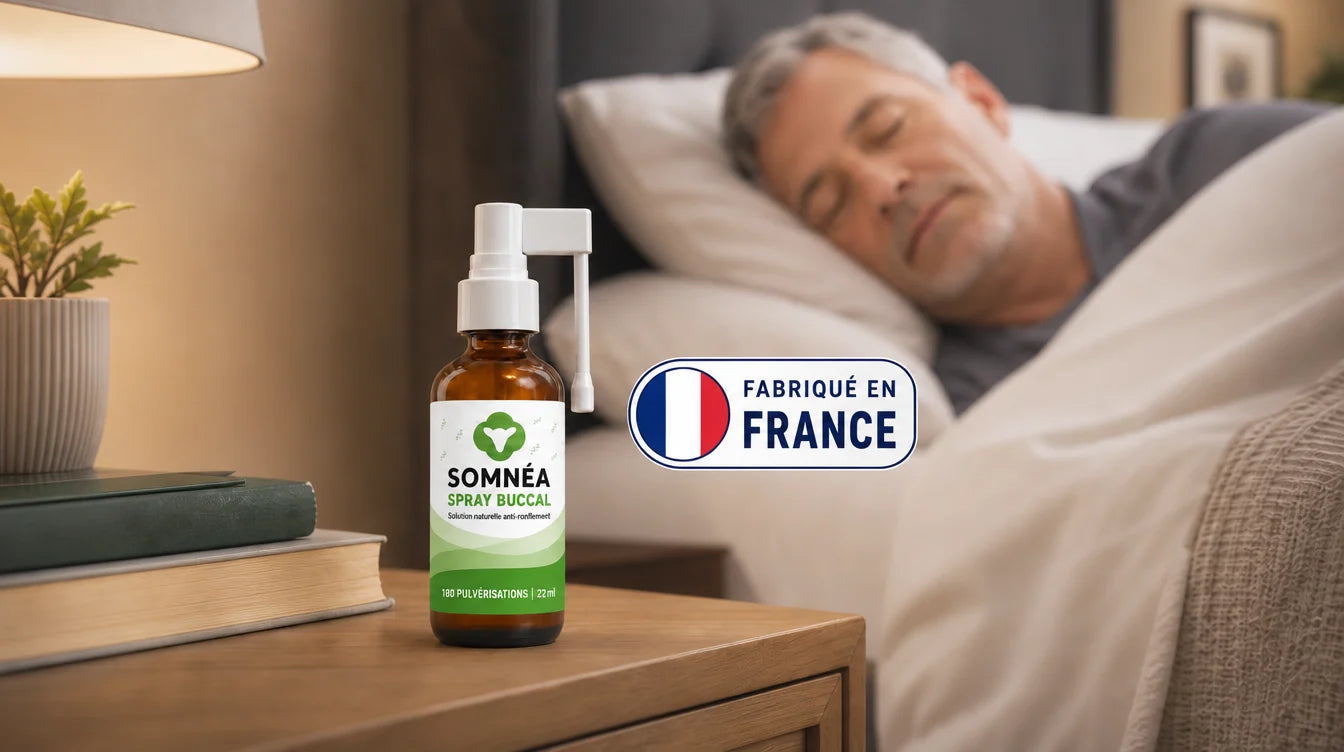 Un homme dort paisiblement, le spray SOMNÉA fabriqué en France sur sa table de nuit