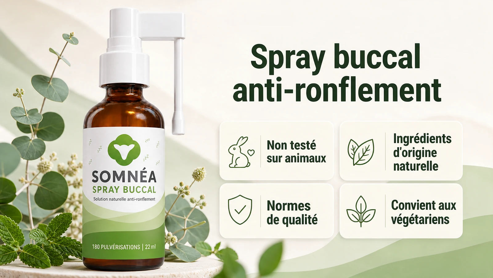 SOMNÉA : non testé sur animaux, ingrédients d'origine naturelle, normes de qualité, convient aux végétariens