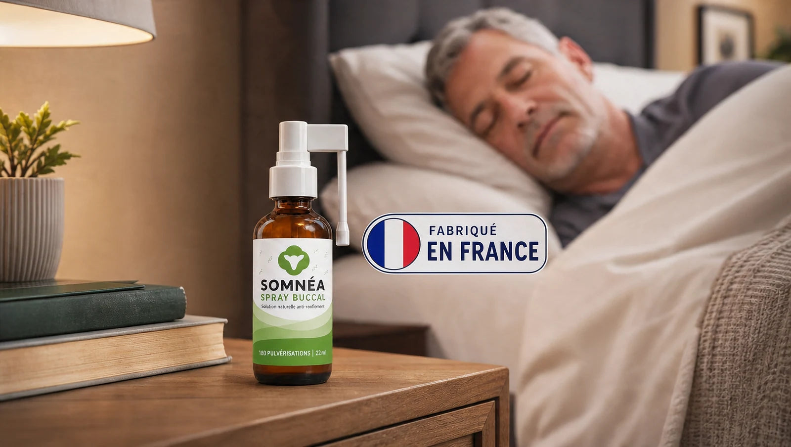 Le flacon SOMNÉA sur la table de nuit, fabriqué en France