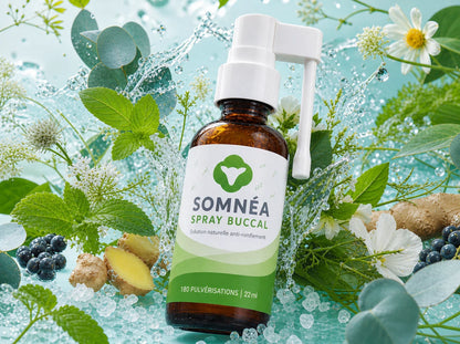 Spray SOMNÉA entouré de menthe, eucalyptus et camomille